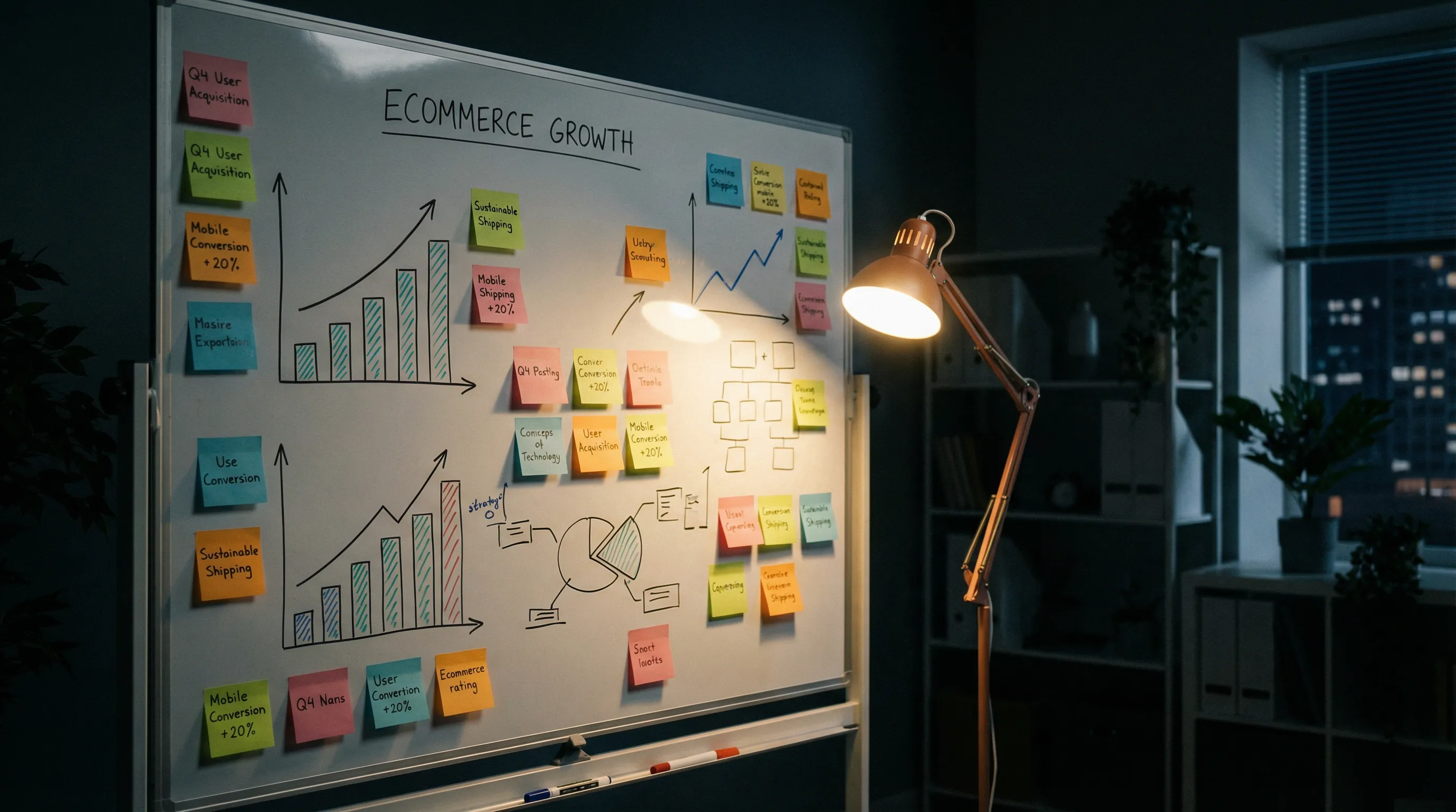 E-Commerce Strategie entwickeln – Whiteboard mit Wachstumscharts und Planung