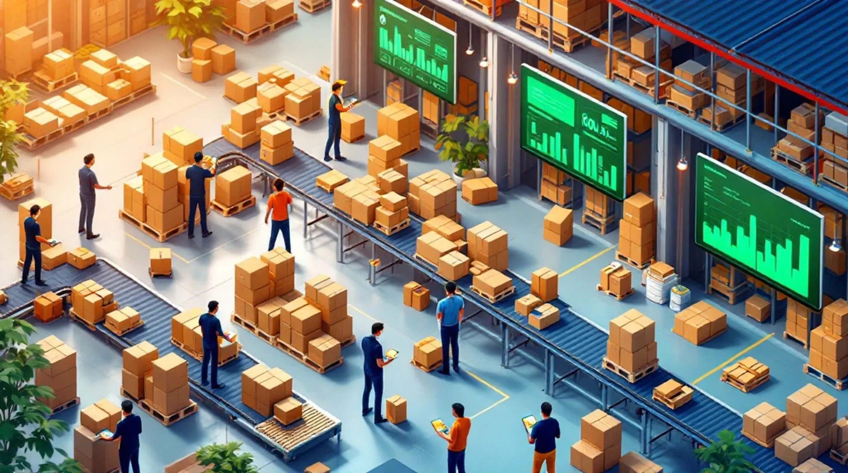 Lagerverwaltungssoftware für Shopify: WMS-System mit Barcode-Scanner und digitalem Lager-Dashboard in modernem Fulfillment-Center