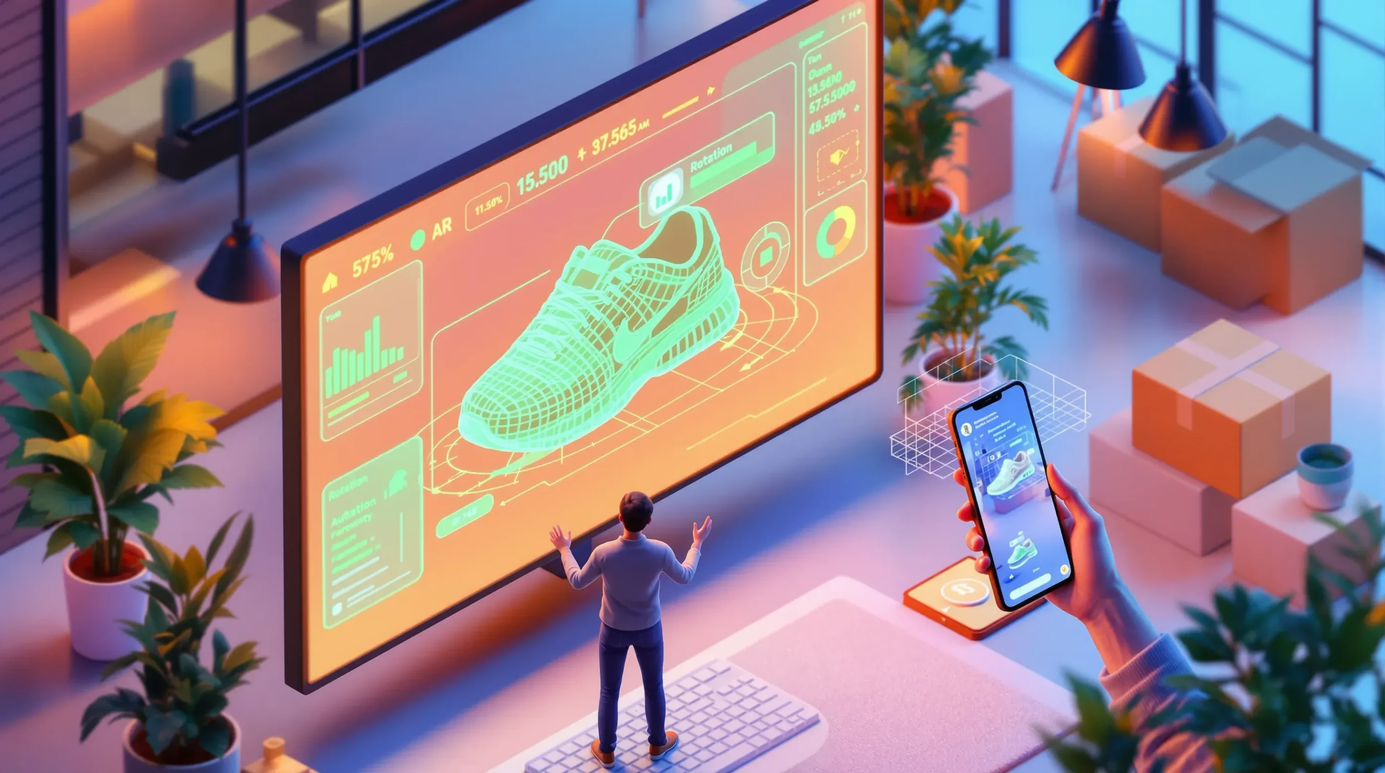 Shopify 3D Konfigurator: Isometrische Illustration zeigt einen rotierenden 3D-Wireframe-Sneaker auf einem großen Bildschirm mit Datenoverlays sowie eine Augmented-Reality-Ansicht auf einem Smartphone