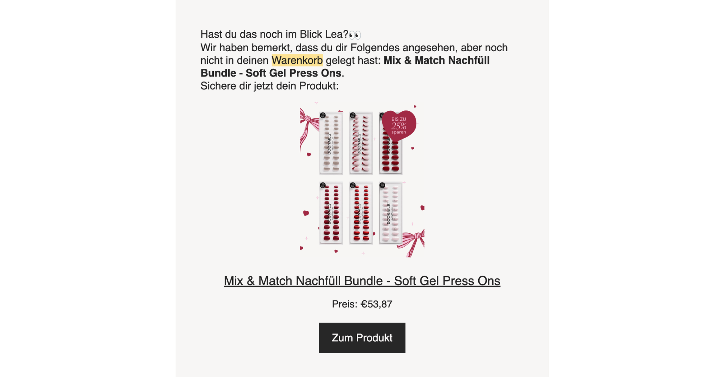 Abandoned Checkout E-Mail Beispiel: Personalisierte Wiederherstellungsmail mit Produktbild, persönlicher Ansprache und direktem Call-to-Action-Button