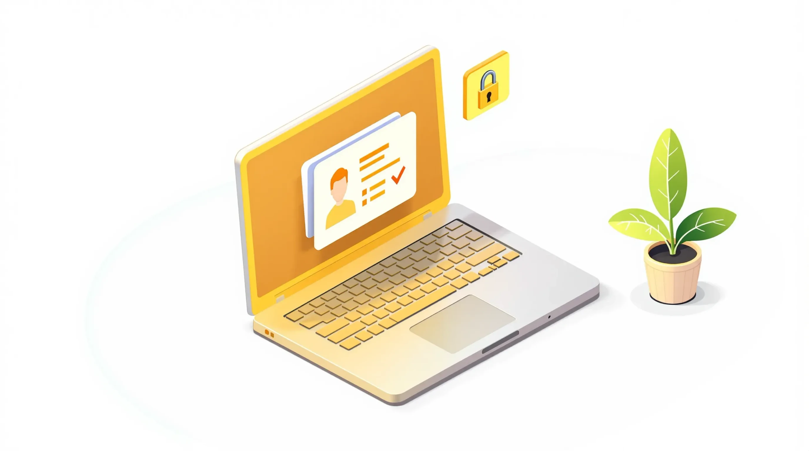 Shopify Altersverifikation: Isometrische Illustration zeigt einen Laptop mit Ausweis-Symbol, Schutzschild-Häkchen und Schloss-Icon für Altersprüfung und Datenschutz