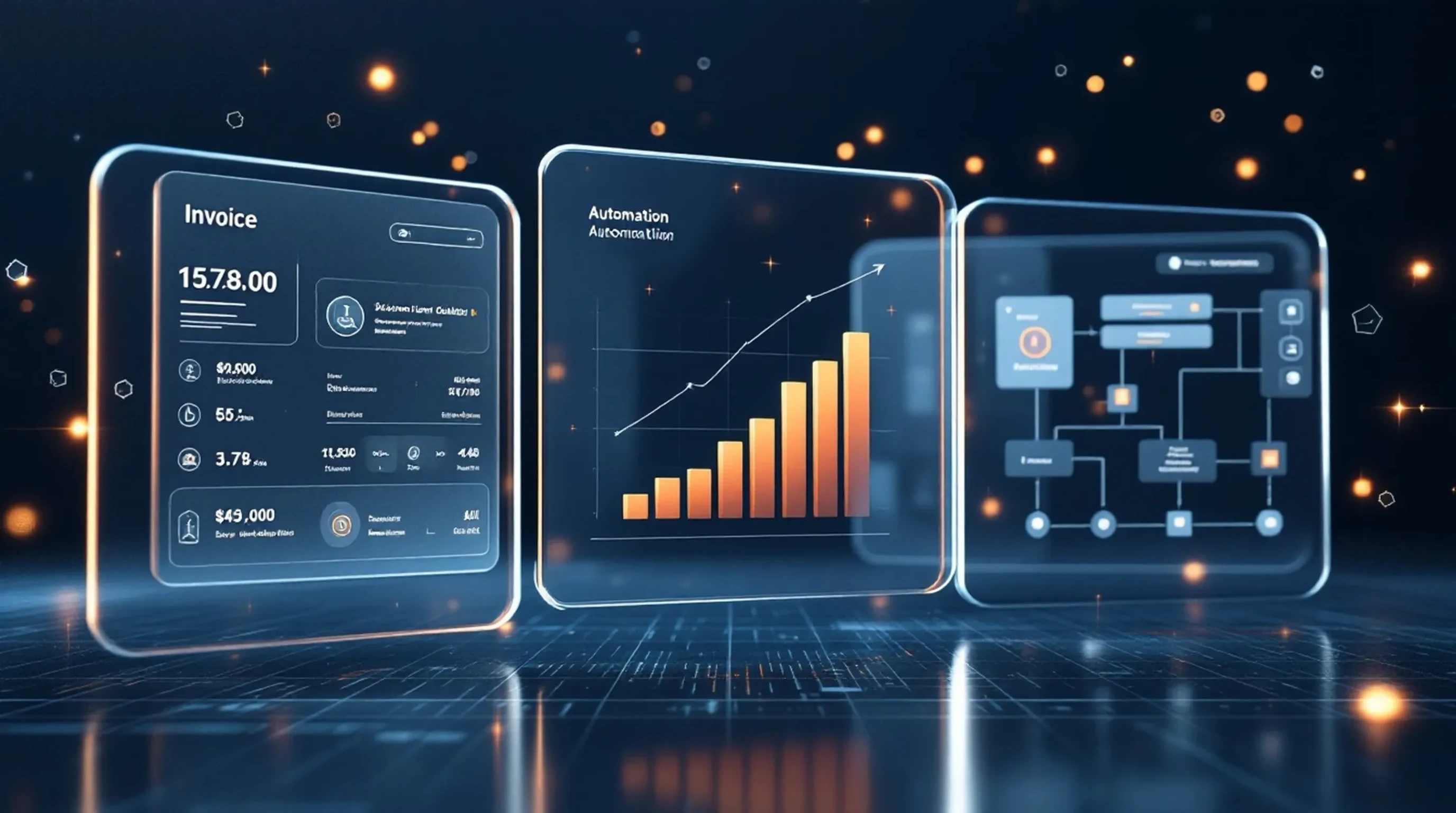 Shopify Buchhaltung automatisieren – futuristische Glass-Morphism-Darstellung von Invoice-Panel, Umsatzdiagramm und Automatisierungs-Workflow