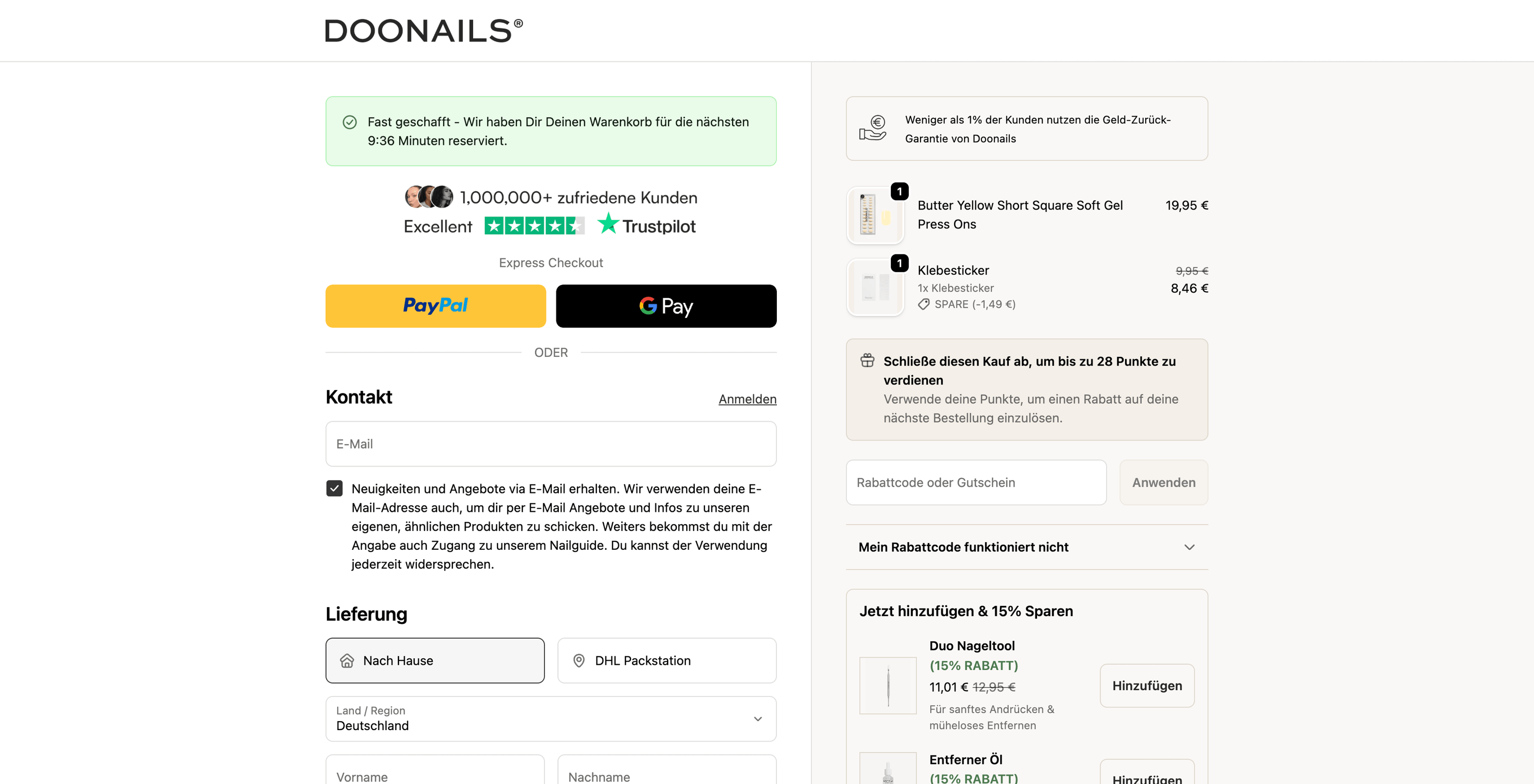 Shopify Checkout-Branding Beispiel DOONAILS: Logo, Trustpilot-Siegel mit 1 Million Bewertungen und Express-Checkout-Optionen im professionell gebrandeten Checkout