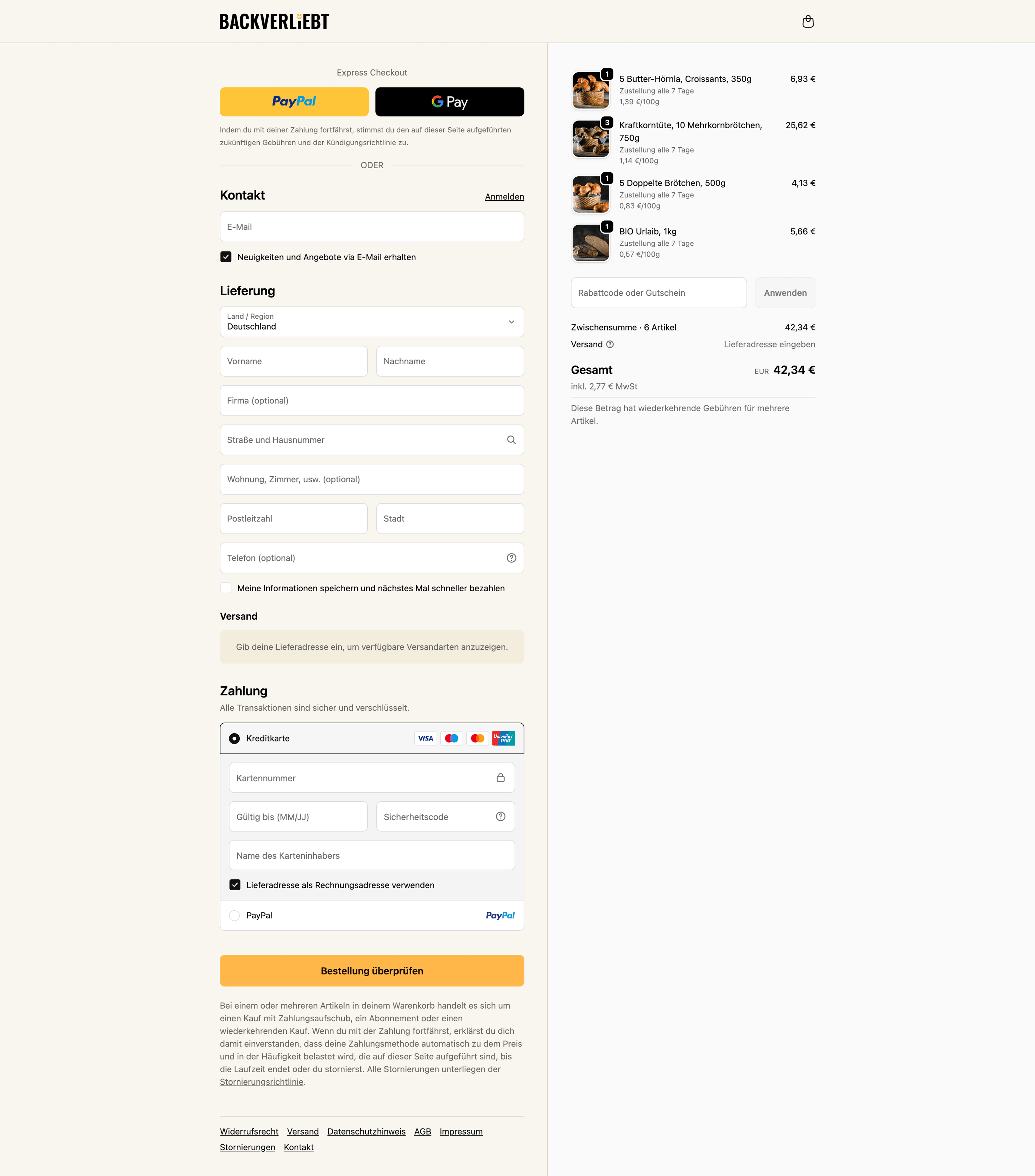 Shopify One-Page-Checkout: Alle Felder auf einer Seite – Kontaktdaten, Versandadresse und Zahlung in einer Ansicht