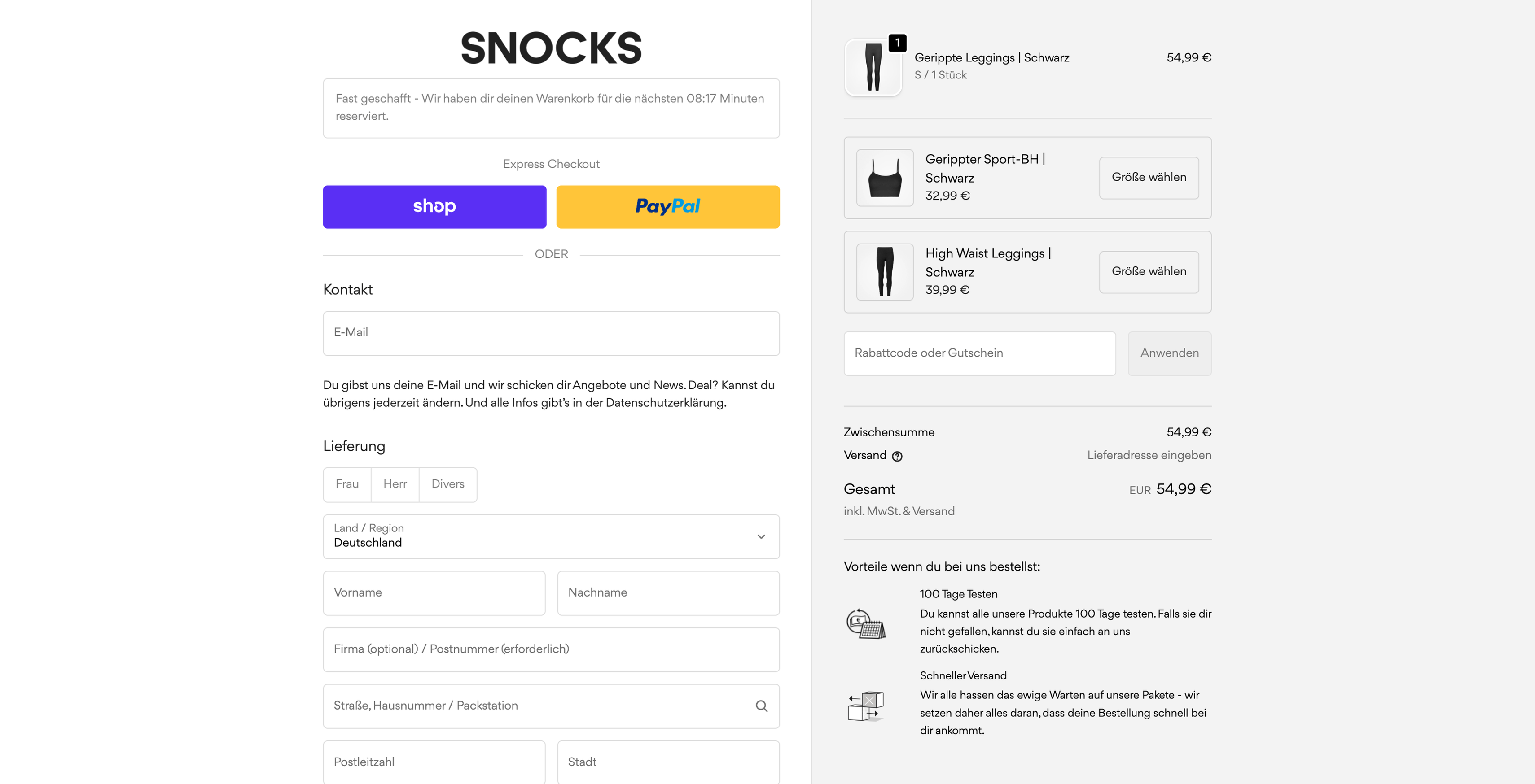 Shopify Express Checkout Beispiel SNOCKS: Shop Pay und PayPal als Ein-Klick-Checkout-Optionen prominent über dem Formular