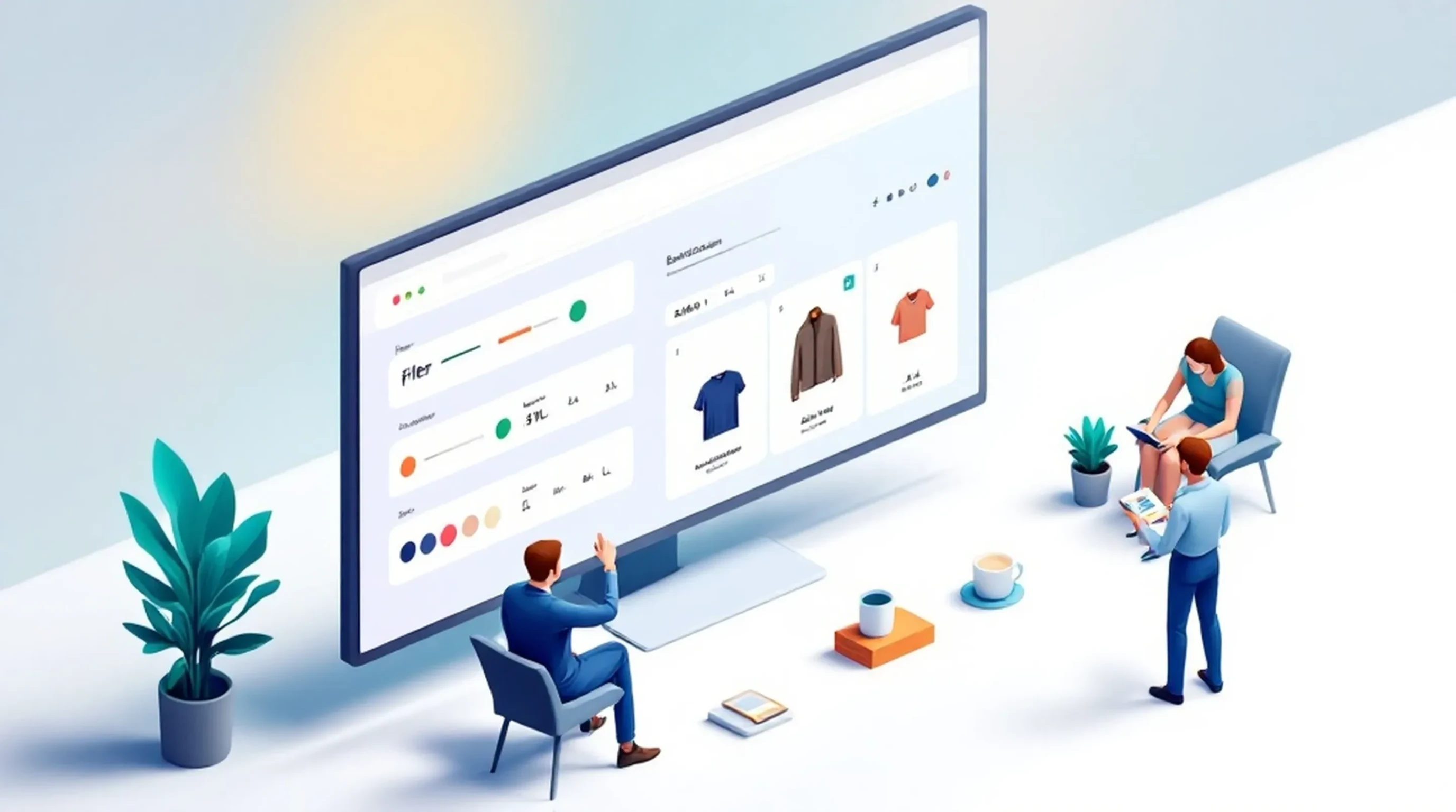 Shopify Filter einstellen: Isometrische Illustration zeigt Kollektionsseite mit Produktfilter-Sidebar für Farbe, Größe und Preis sowie Produktgrid