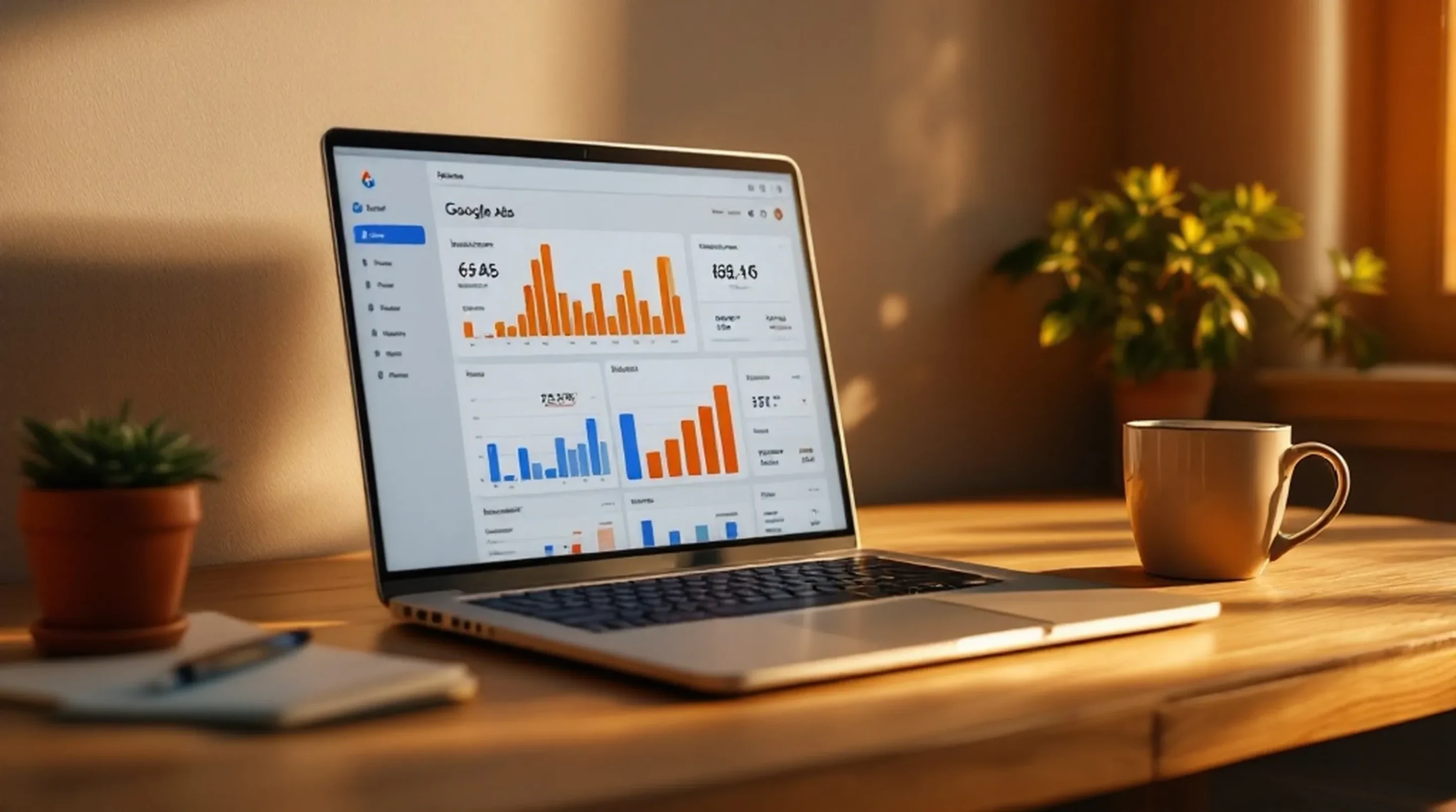 Shopify Google Ads einrichten: MacBook zeigt Google Ads Dashboard mit Shopping-Kampagnen und Conversion-Daten auf warmem Holzschreibtisch