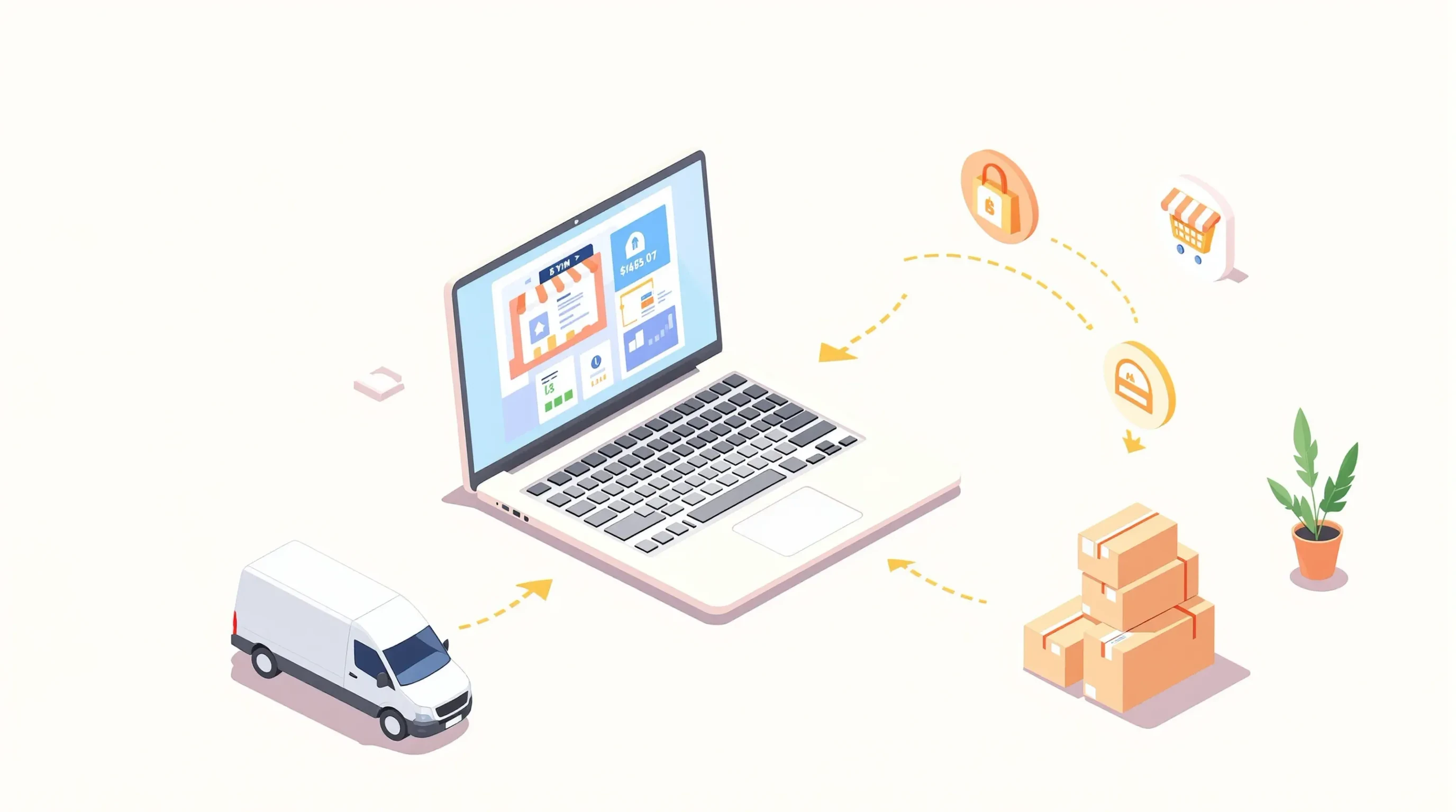 Shopify Marktplatz-Integration: Isometrische Illustration zeigt einen Laptop mit Shop-Dashboard, Synchronisations-Pfeile zu mehreren Marktplatz-Icons sowie Lieferwagen und Versandkartons
