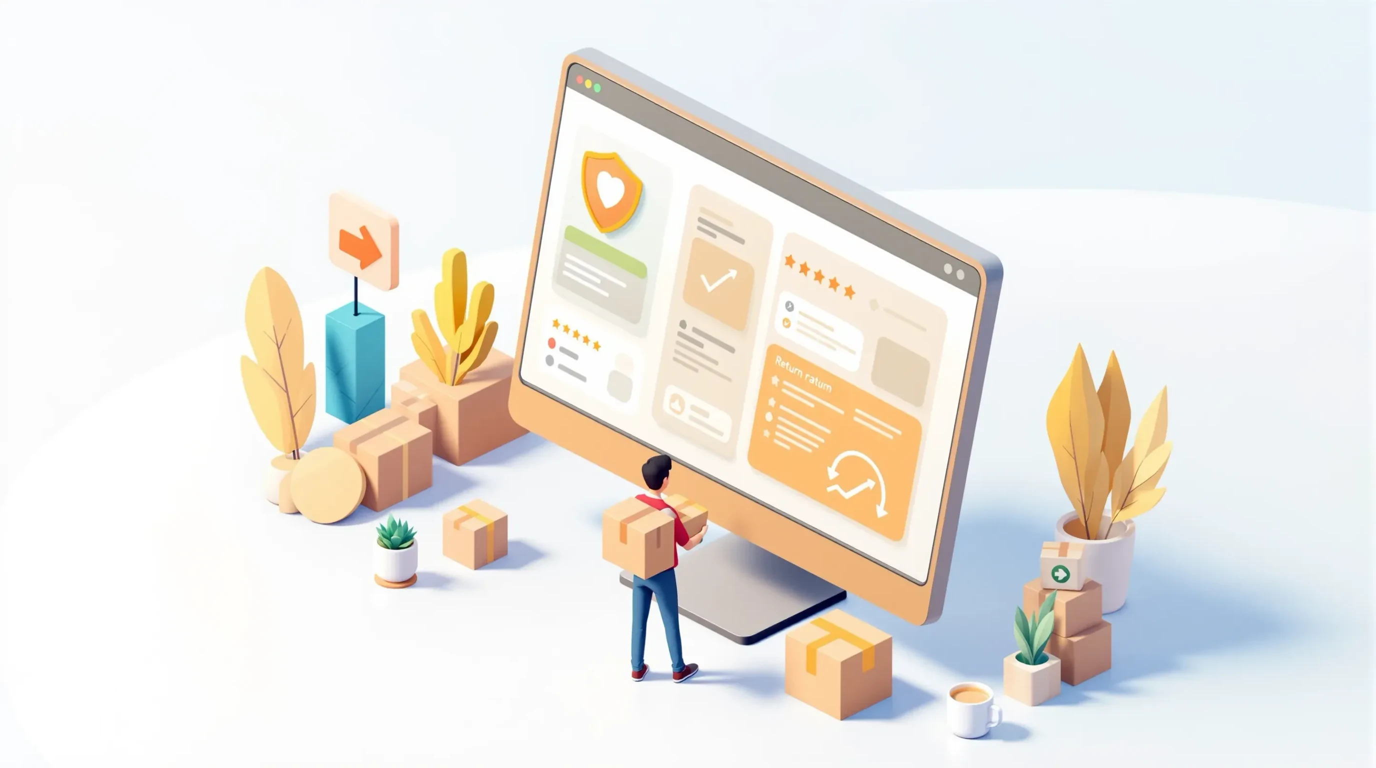Shopify Retouren: Isometrische Illustration zeigt ein Retourenportal auf einem Monitor mit Gütesiegel, Bewertungssternen und Umtausch-Symbol, davor eine Person mit Paketen