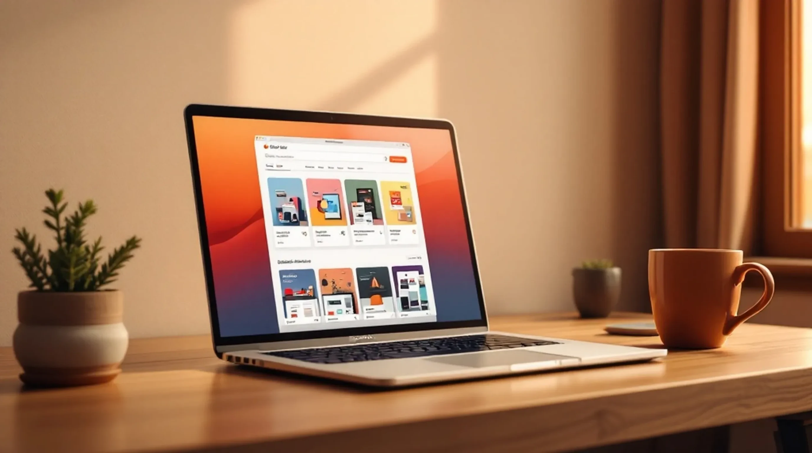 Shopify Theme kaufen: MacBook zeigt den Shopify Theme Store mit verschiedenen Premium-Themes auf warmem Holzschreibtisch