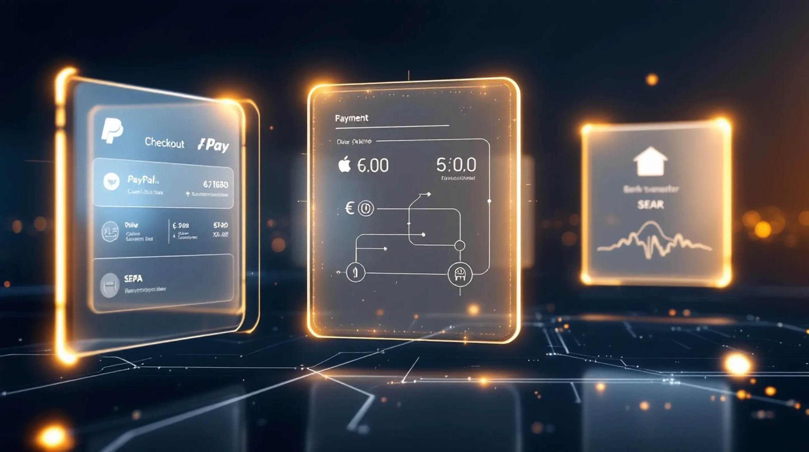 Shopify Zahlungsmethoden 2026 – futuristische Glass-Morphism-Darstellung von Zahlungsoptionen und Checkout-Interface