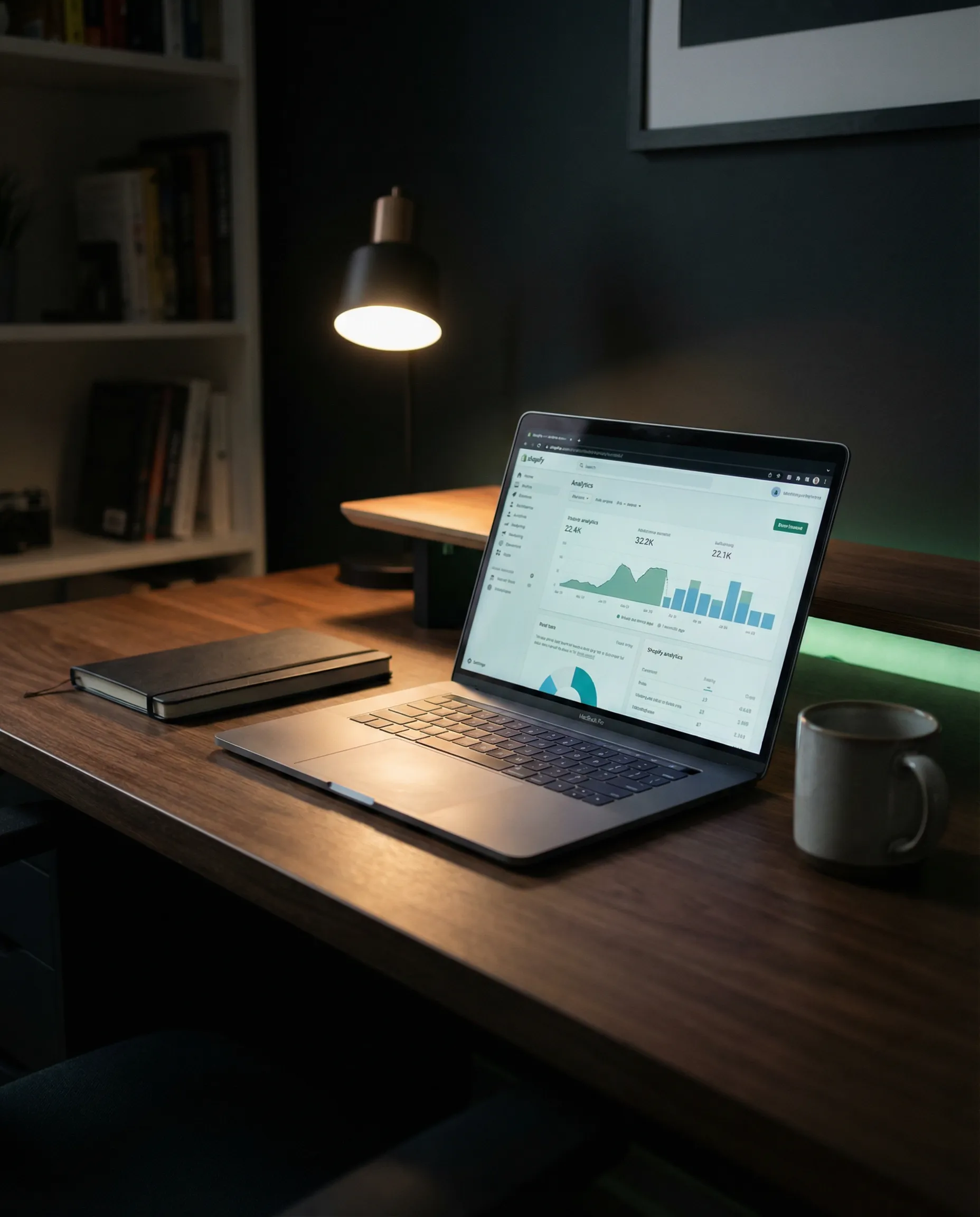 Professioneller Workspace mit Shopify Analytics Dashboard